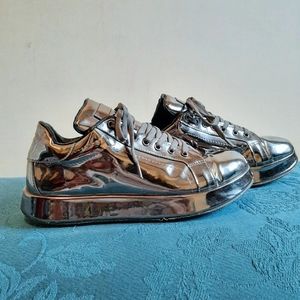 Silver Shiny Metallic Mirror Lace Up Sneakers